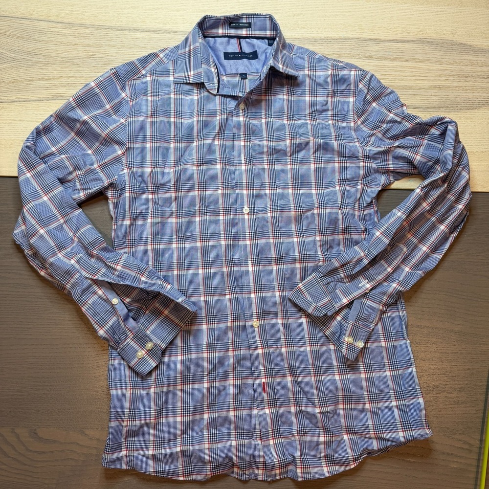 Tommy Hilfiger Shirt Men 15 32-33 Plaid Preppy Slim Fit Medium Non Iron